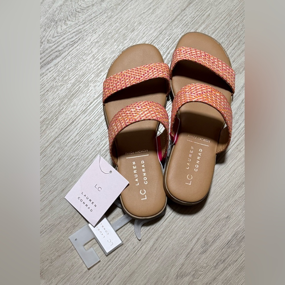 LC Lauren Conrad Pink-Orange Braided Double-Strap Slide Sandals